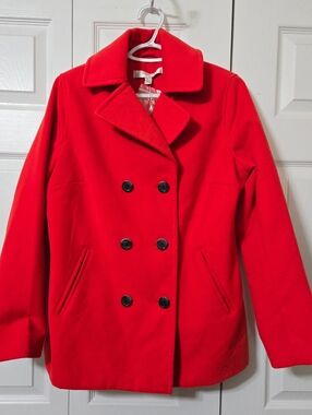 Red Double-Breasted Pea Coat Jacket w/Pockets, Size Small, New Without Tags
